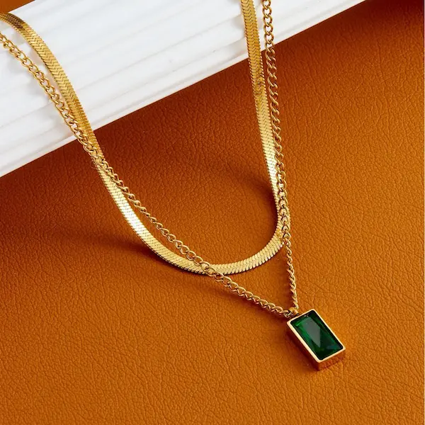 Double layer green stone color guaranteed necklace 169
