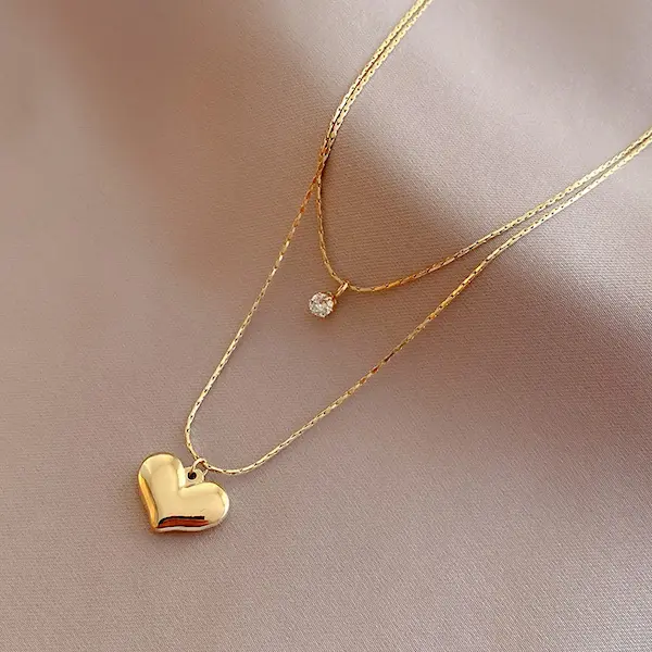 Single stone and heart double layer color guaranteed necklace 403
