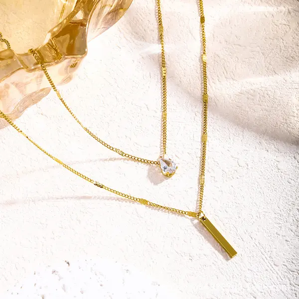 Double layer water drop square color guaranteed necklace 404