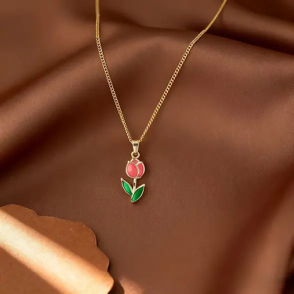 Red tulip necklace | pendant material micro inlaid copper 432