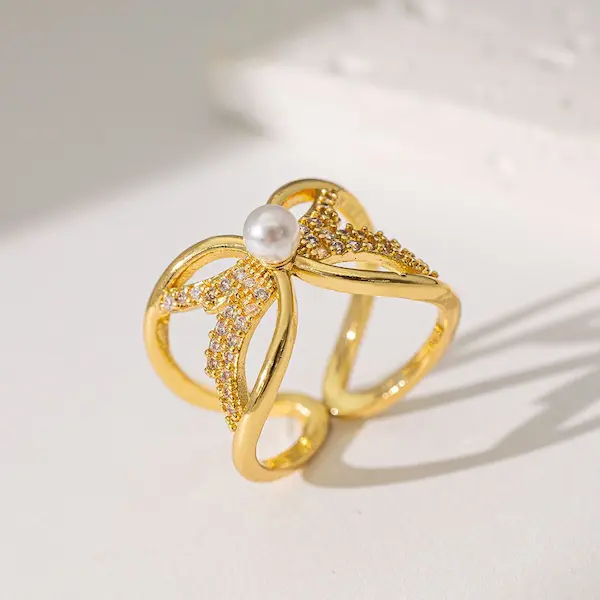 Cross butterfly pearl copper ring 456