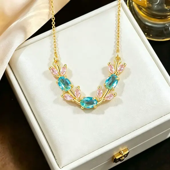 Pink branch and cyan zircon flower color guaranteed necklace 470